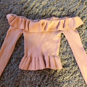 pink off shoulder cropped sweater